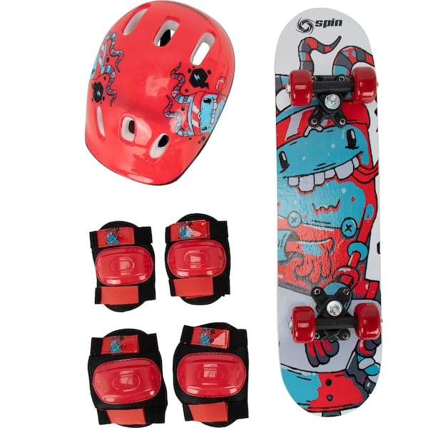 Skate Infantil Spin Monster com Kit Protetor Capacete + 1 Par de Cotoveleira + 1 Par de Joelheira - 2