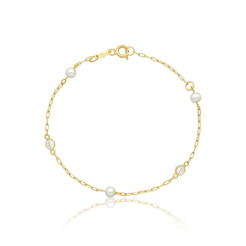 Pulseira Infantil com Pérolas e Zircônia em Ouro Amarelo 18k - 15 cm