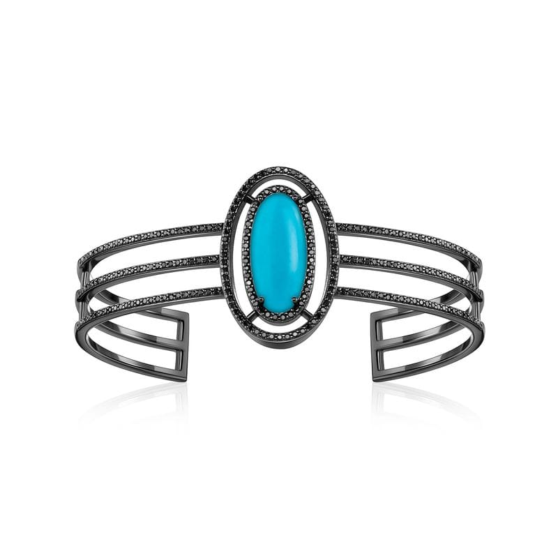 Pulseira Rígida com Turquesa e Espinélio em Prata 925 com Banho de Ródio Negro - 17 cm