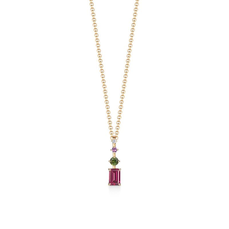 Pingente em Ouro Amarelo com Diamante, Ametista, Rodolita, Turmalina Verde
