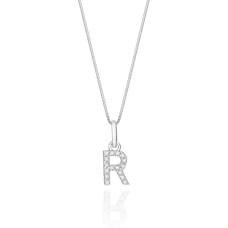 Pingente Letra R com Diamante em Ouro Branco 18k