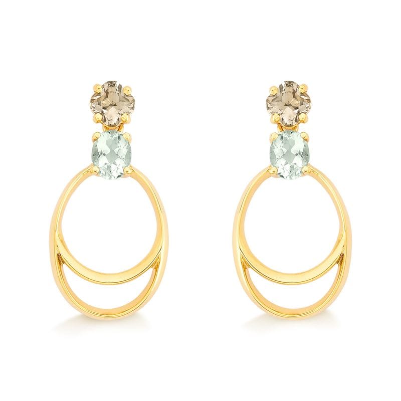 Brinco Oval com Prasiolita e quartzo murion, em Ouro Amarelo 18k