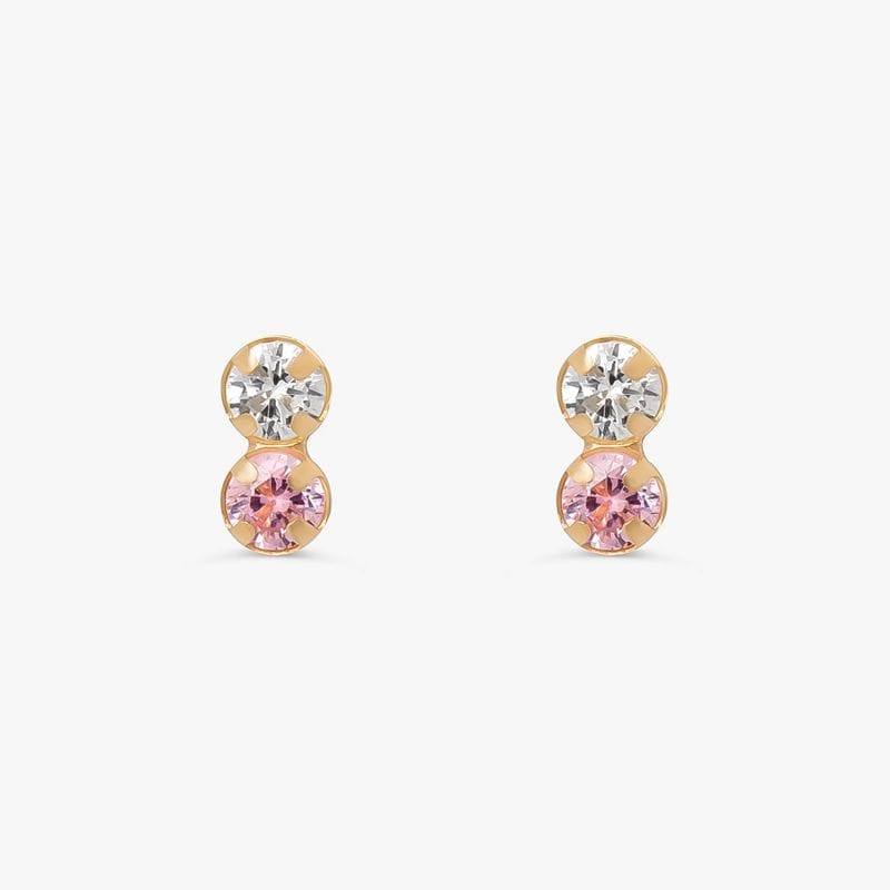 Brinco com Zircônia Rosa e Incolor em Ouro Amarelo 18k