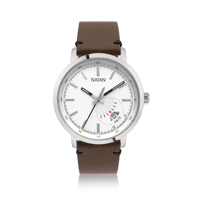 Relógio Natan Masculino em Aço Prateado e Couro Legítimo Marrom com Vidro de Safira