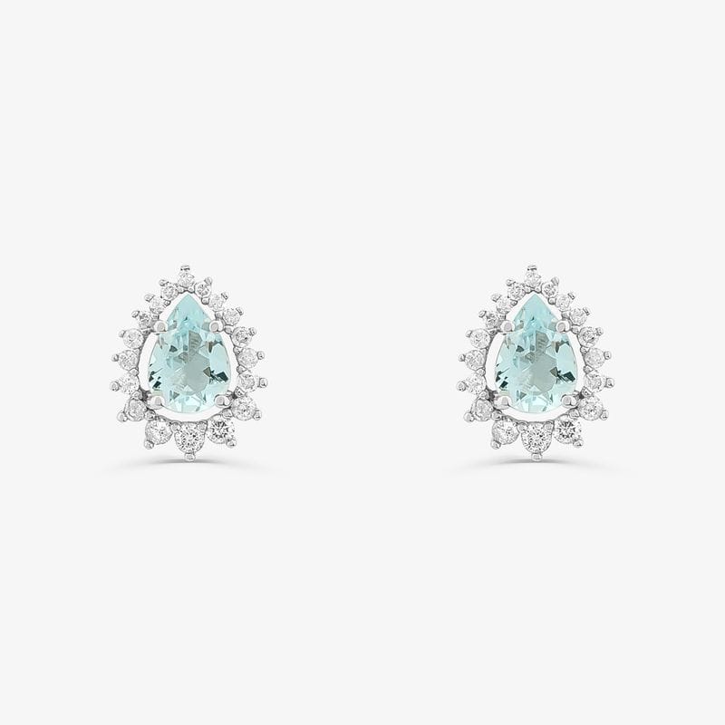 Brinco Gota com Água Marinha e Diamantes em Ouro Branco 18k