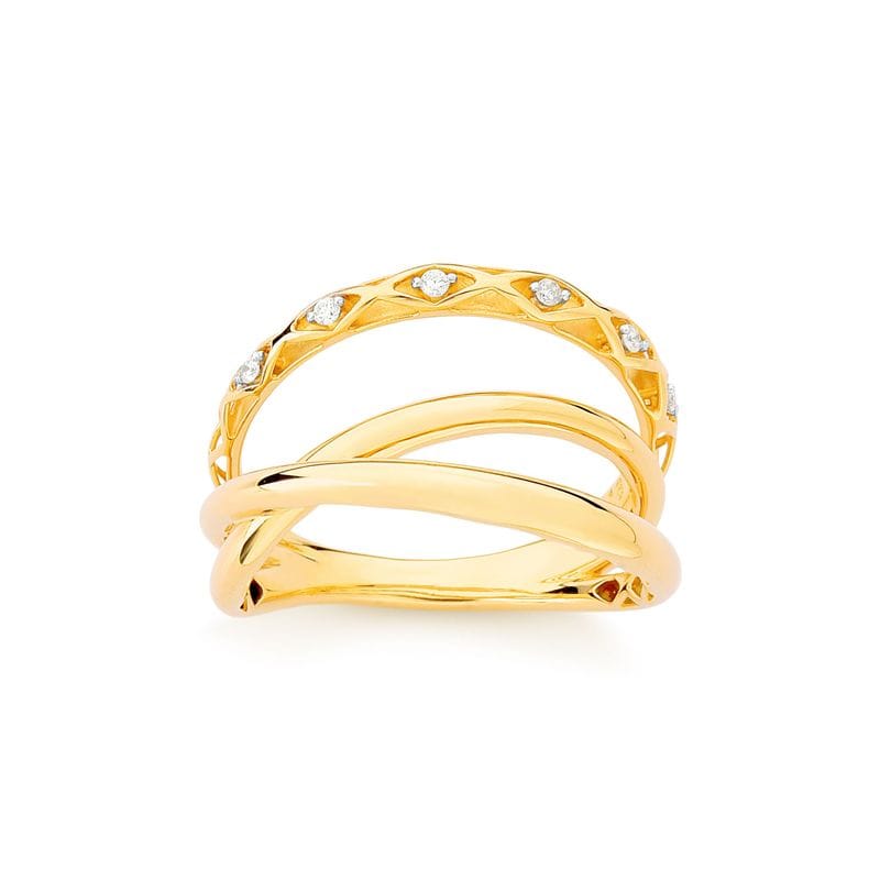Anel Orbital Triplo com Diamantes, em Ouro Amarelo 18K