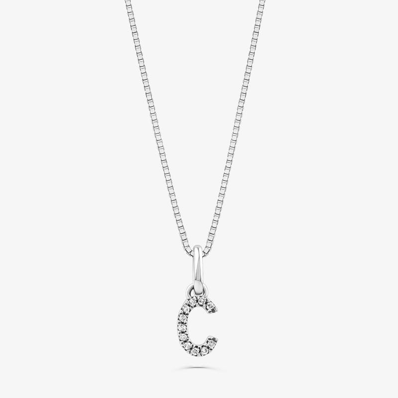 Pingente Letra C com Diamante em Ouro Branco 18k