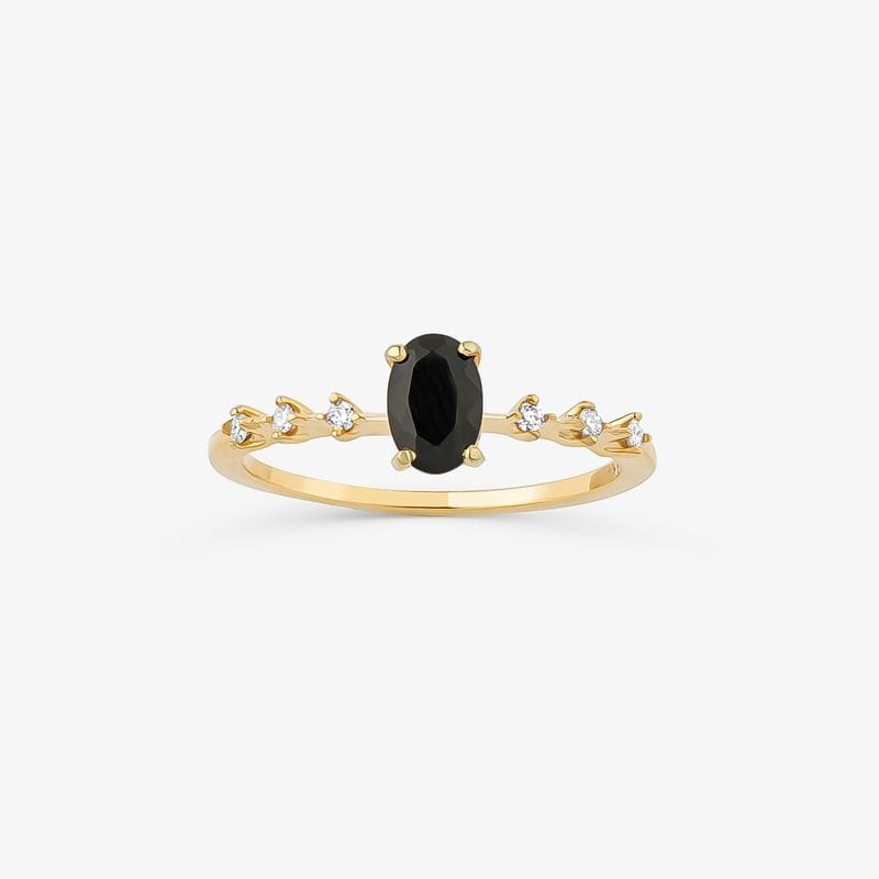 Anel Solitário Gota com Quartzo Negro e Diamantes em Ouro Amarelo 18k