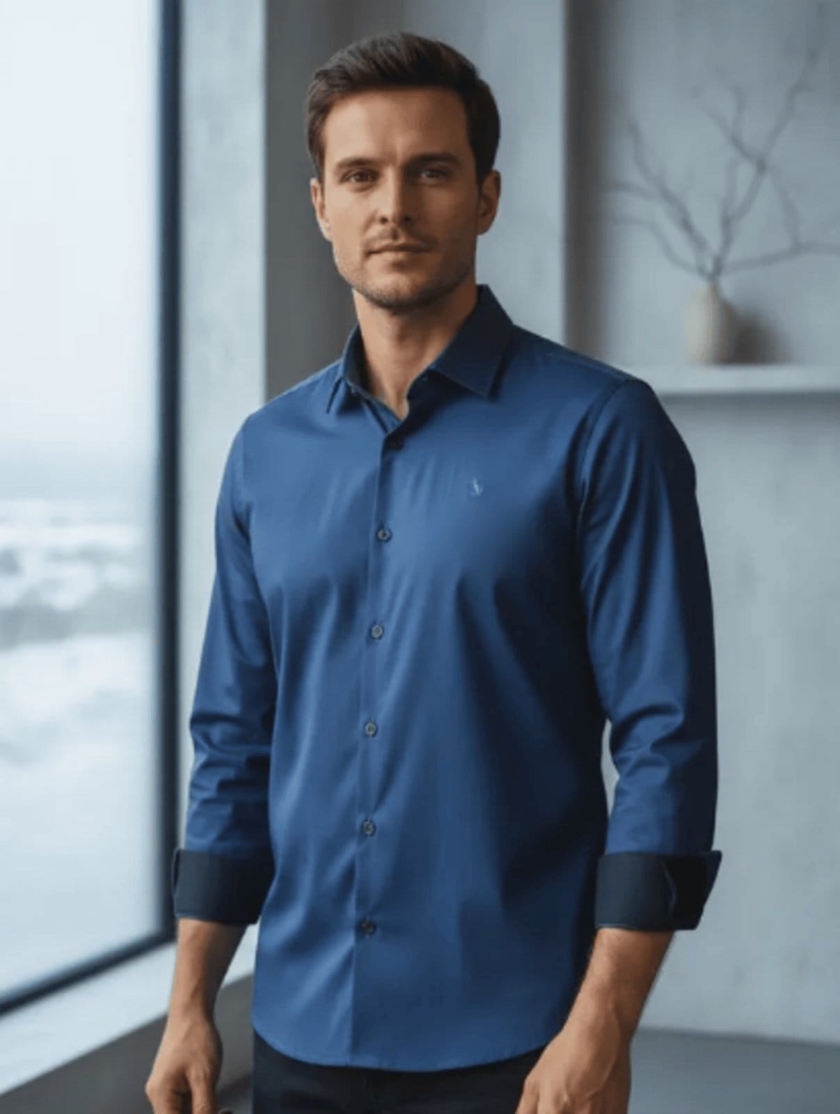 Vista 2 Camisa Social Amil Filati Comfort Algodão Fio60 Com Elastano Acetinado Luxo Cor Estanho Amil azul