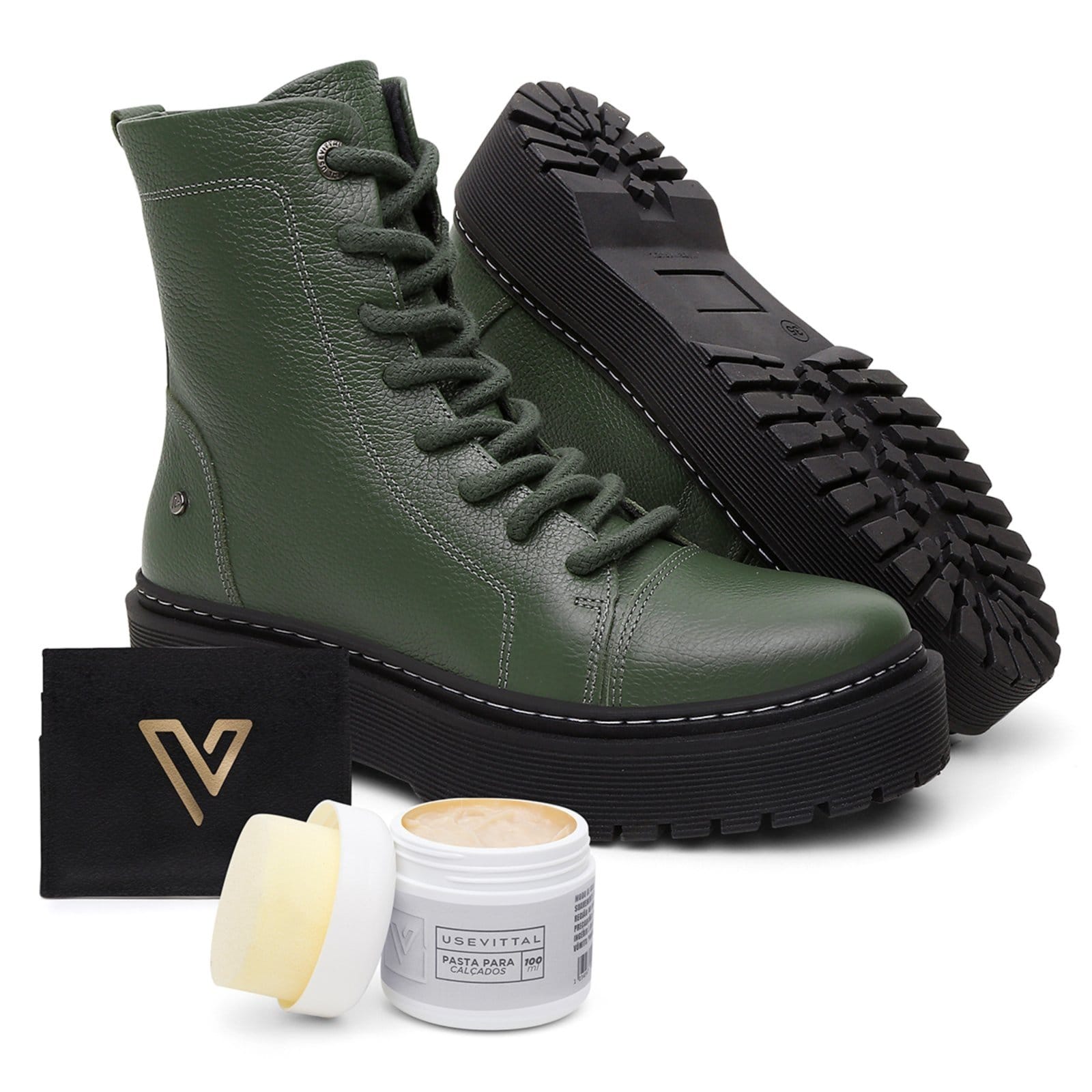 Bota Coturno Feminino em Couro C/ Porta Cartão e Creme Hidratante Vittal