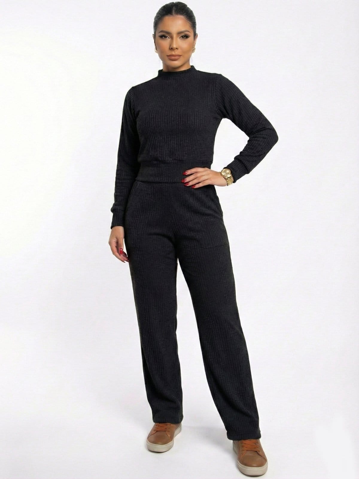 Conjunto Calça Reta Cintura Alta e Blusa Manga Longa Gola Alta Outono Inverno