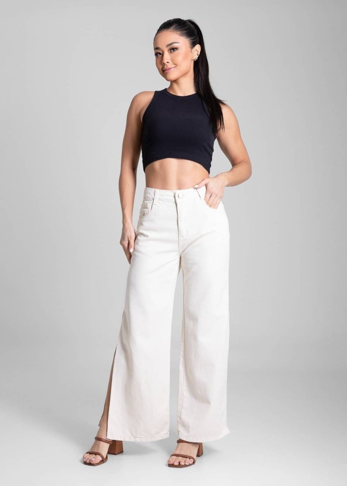 Vista 2 Calça Sarja Sawary Wide Leg Petit - 281797 Sawary bege