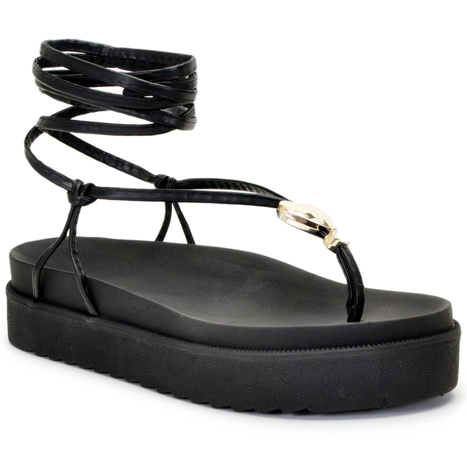 Vista 2 Sandalia Papete Tiras de Amarrar Plataforma Elegante Preta Nine4 preto