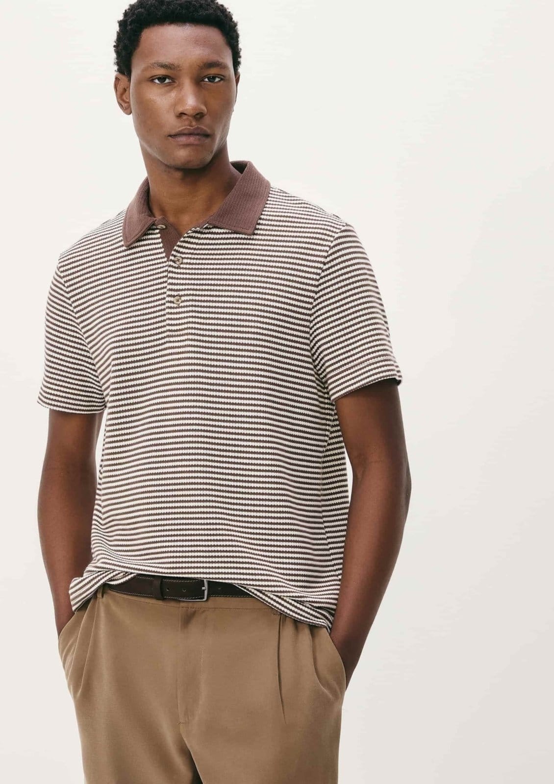 Vista principal Camisa Polo Masculina Manga Curta Fio Tinto Hering bege