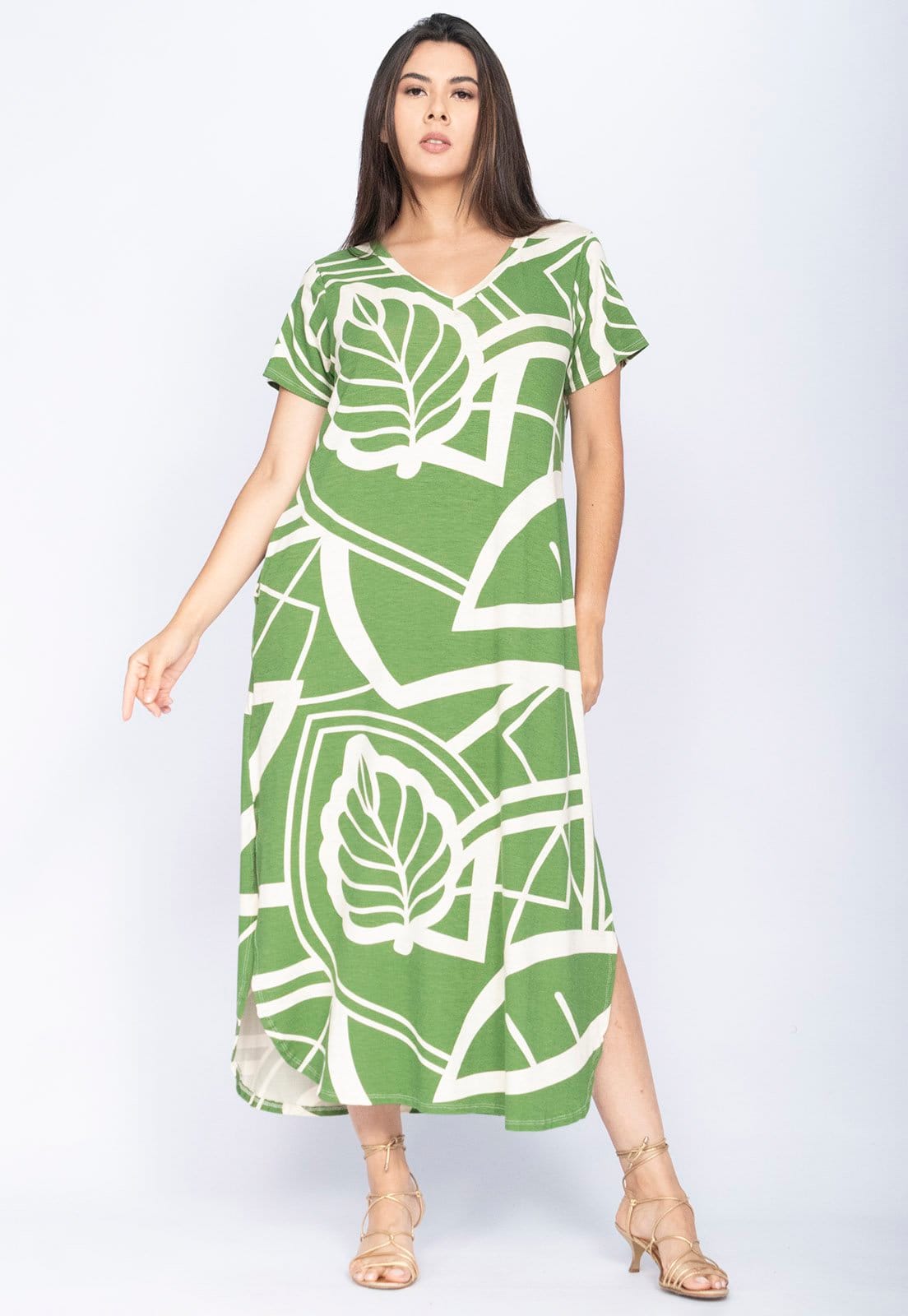 Vista 2 Vestido CabanaFree Midi Abapã Malha com Bolso Estampa Lagoa Botânica Verde Cabanafree estampado/verde verde