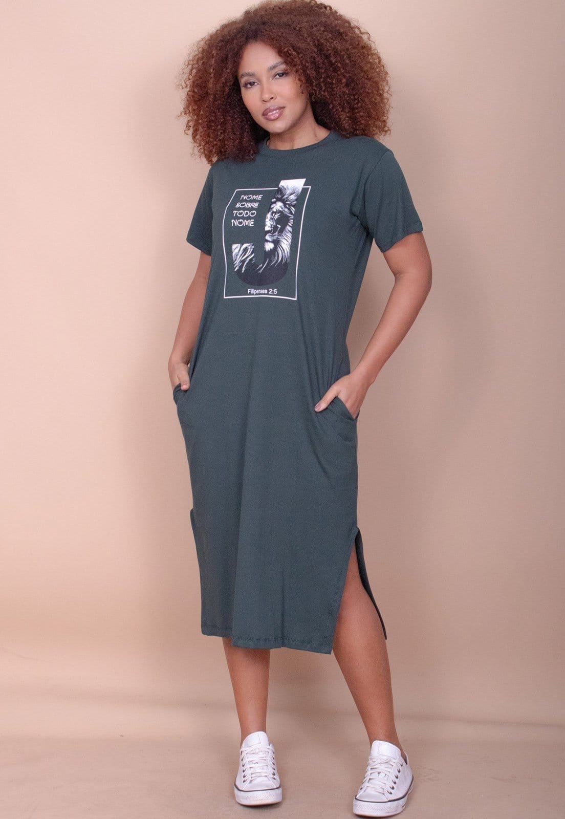 Vista principal Vestido Cabanafree Midi Algodão Manga Curta Moda Evangélica Musgo Cabanafree verde