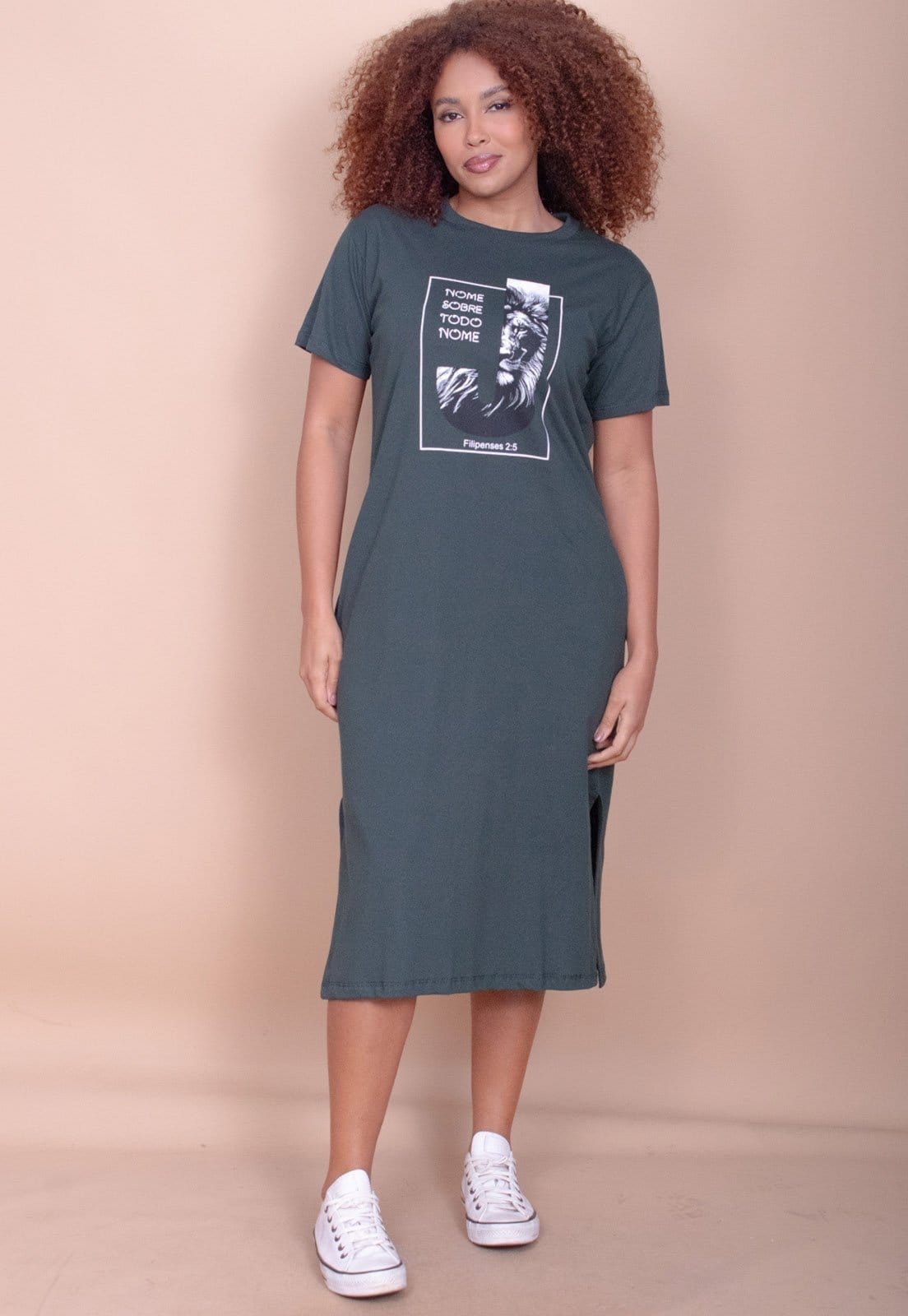 Vista 2 Vestido Cabanafree Midi Algodão Manga Curta Moda Evangélica Musgo Cabanafree verde