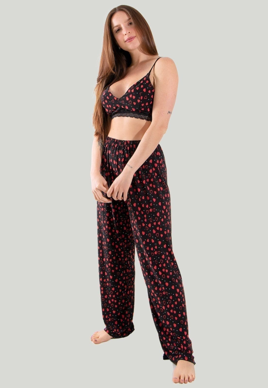 Pijama Longo Feminino Linha Noite Calça e Top Cropped Estampas Variadas