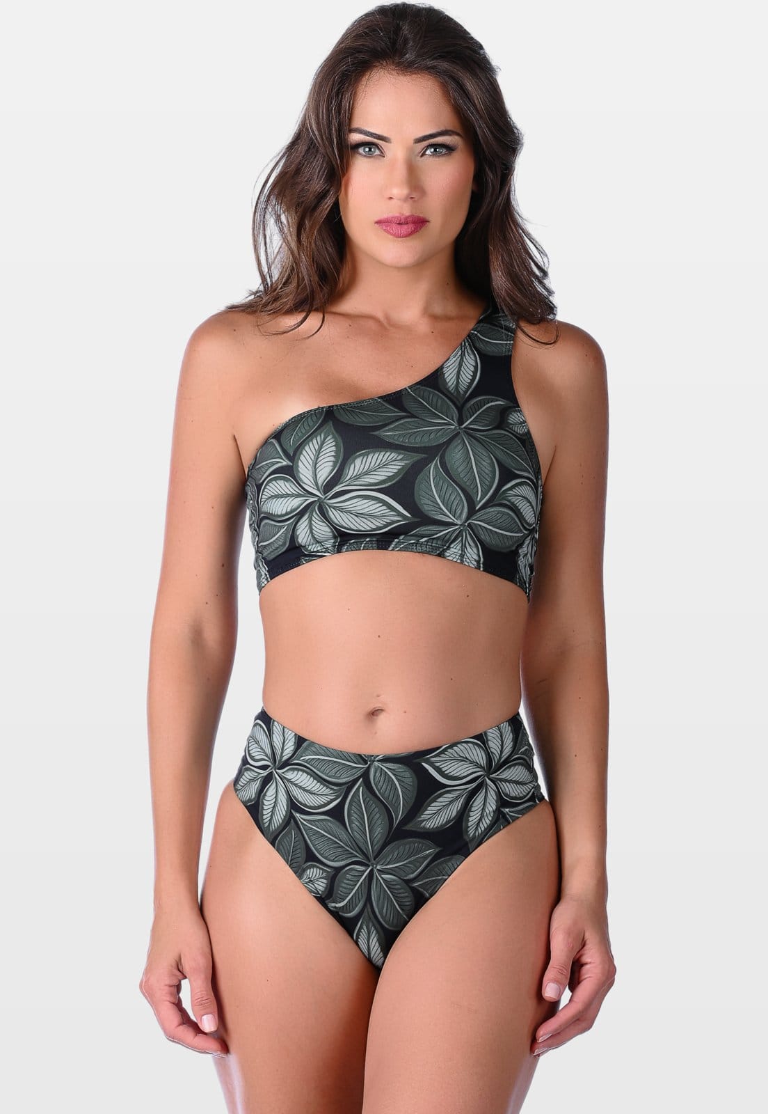 Biquíni Summer Soul Um Ombro Só Sem Bojo Fio Dental Duplo Cintura Alta Folhagem Verde