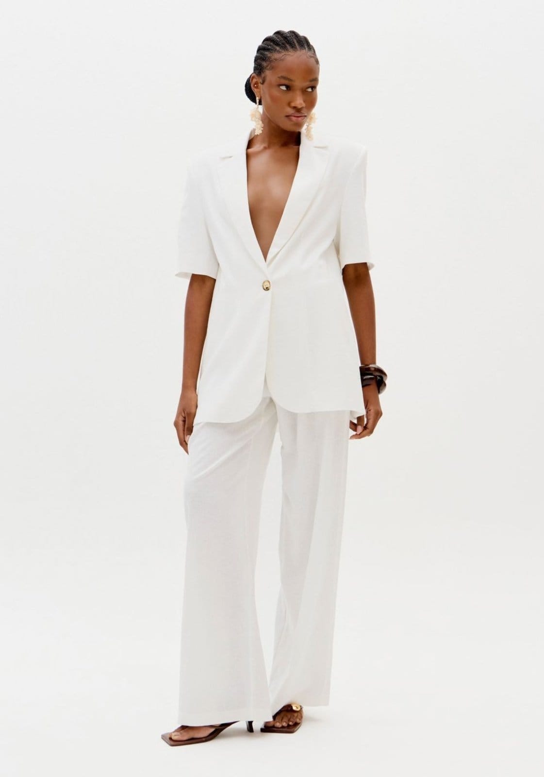 Calça Wide Leg Cós Elástico Com Linho