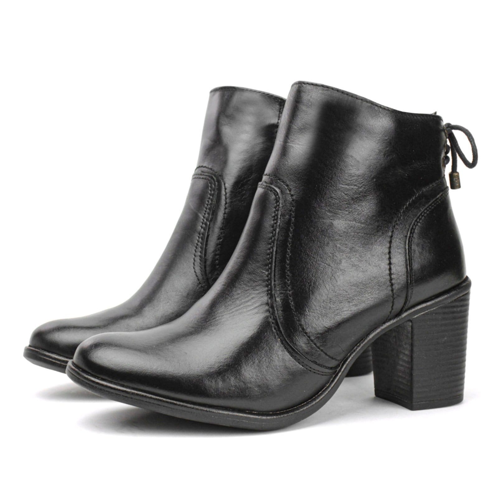 Bota Couro Feminina Cano Curto Salto Médio Bloco Fachete Amarração Casual