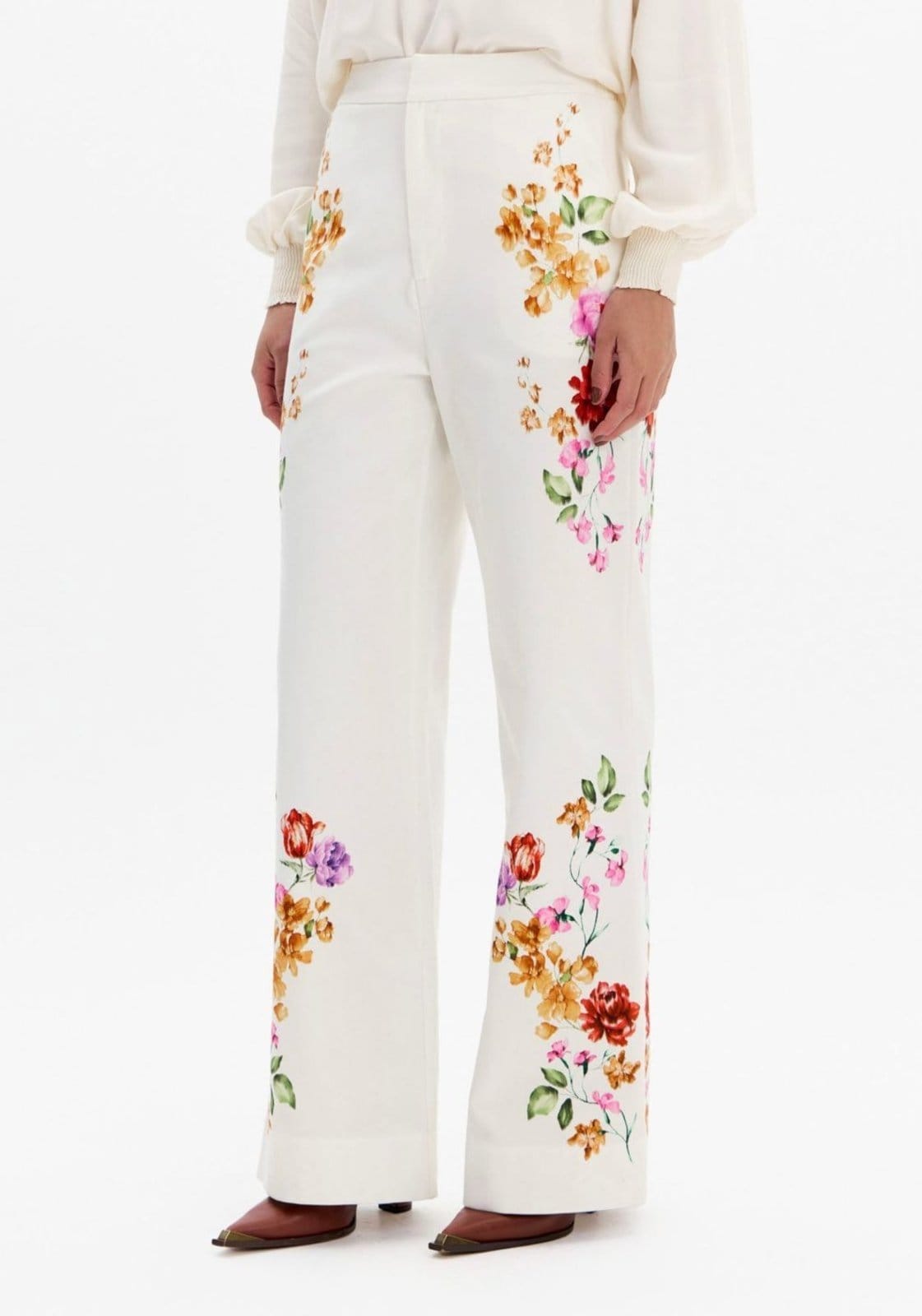 Vista 2 Calça Cintura Alta Wide Leg Estampada Lança Perfume bege