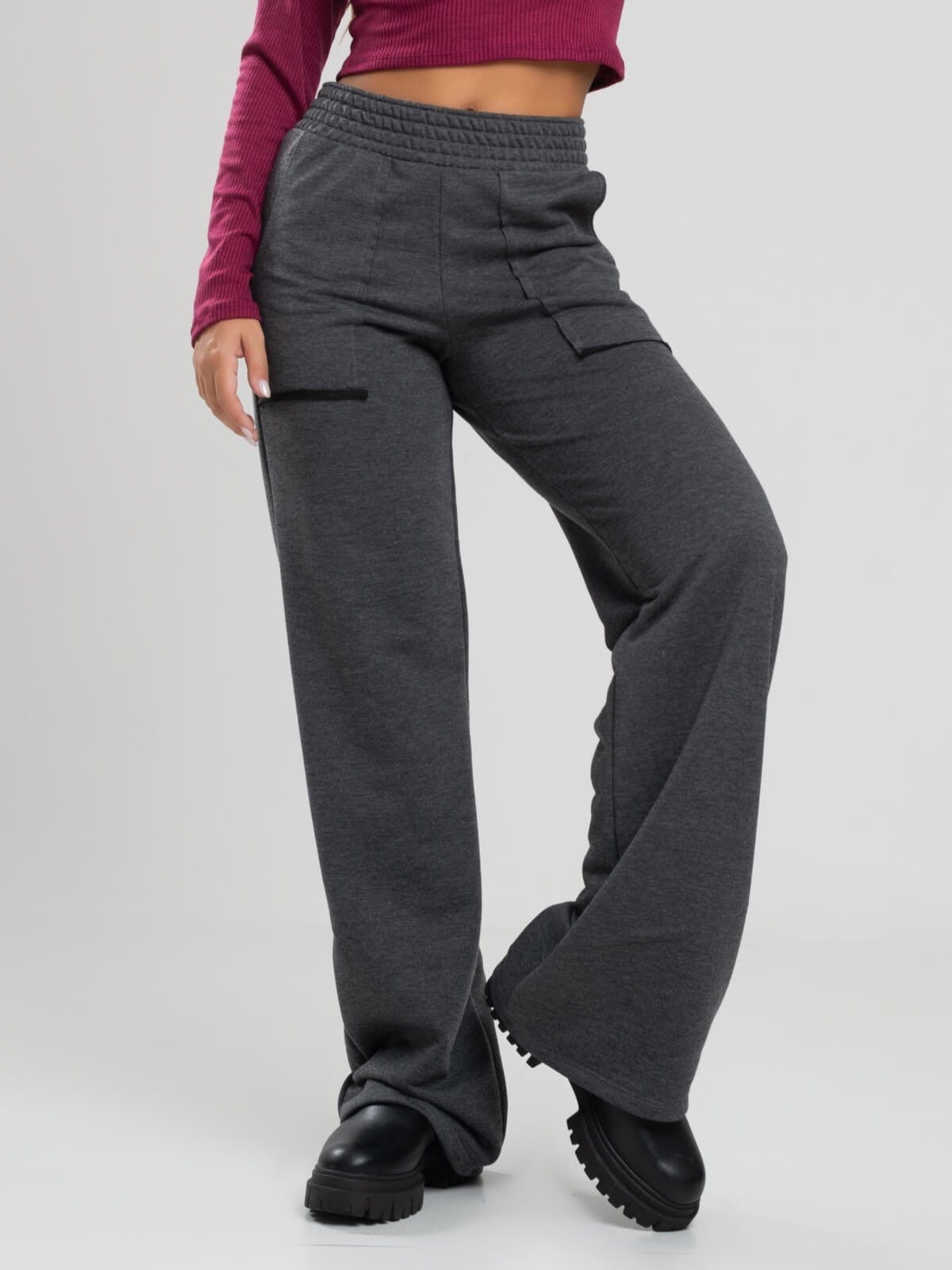 Vista 2 Calça Pantalona Vicbela Cintura Alta Moletinho Wide Leg Vicbela cinza/grafite