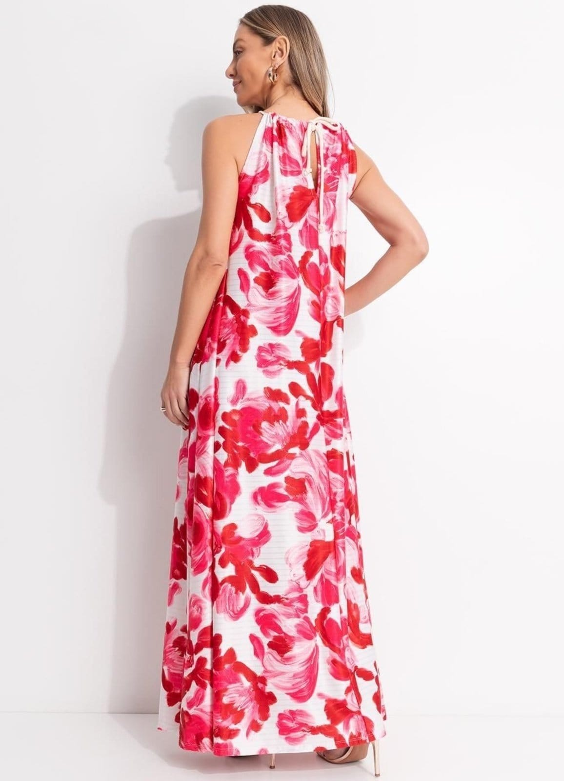 Vista 2 Vestido Em Malha Texturizada Floral Rosa Quintess vermelho rosa