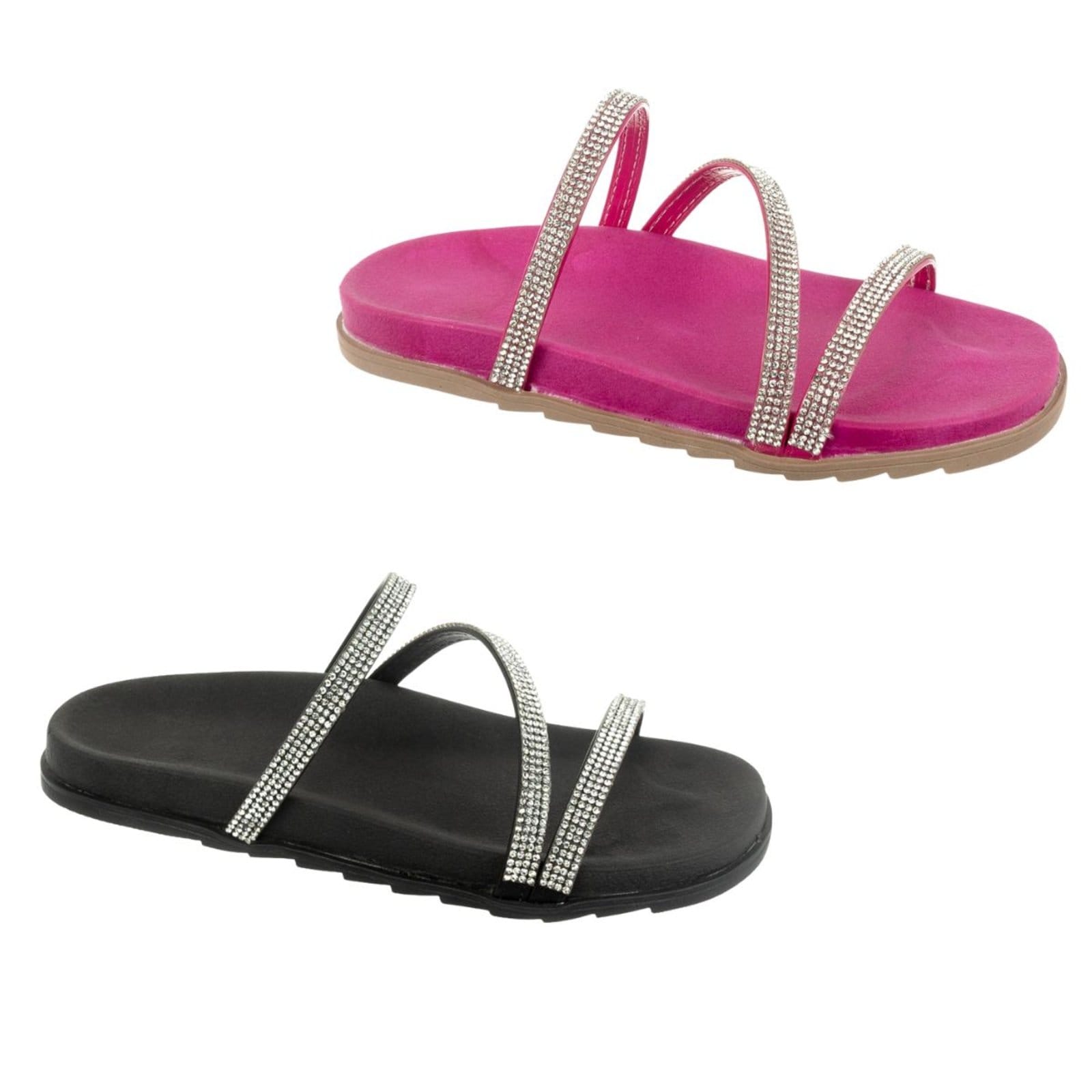 KIT 2 Sandália Birk feminina Rasteira Flat Strass Brilho Anatômico Via Angel 6302. Preto e