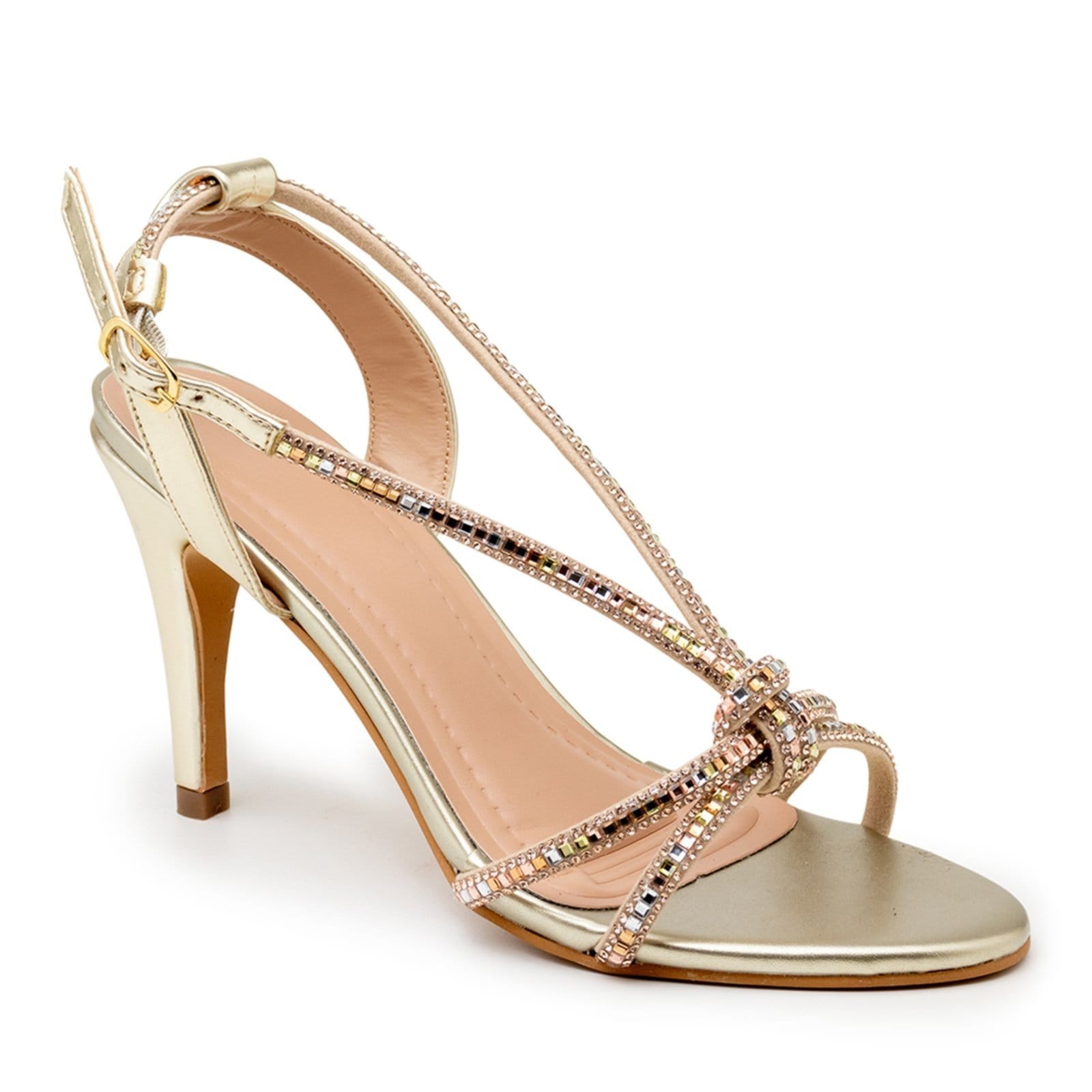Vista 2 Sandália Feminina Salto Fino Tiras Strass 1798 Elegance Ouro Flor da Pele dourado