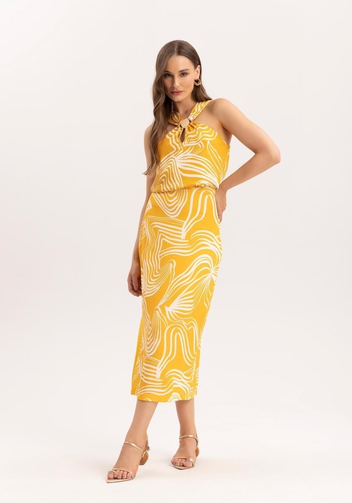 Saia Midi em Crepe Estampada com Recorte Lateral