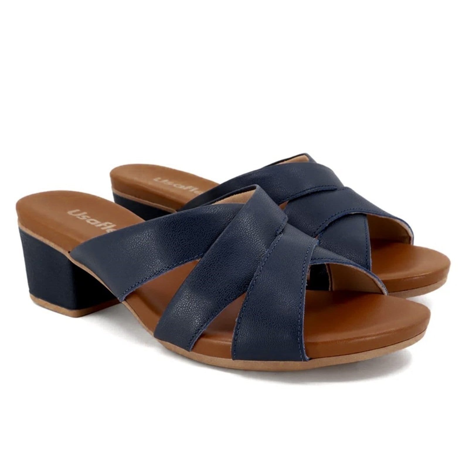 Vista 2 Tamanco Usaflex Feminino Salto Bloco Couro AE3223 Usaflex azul marinho