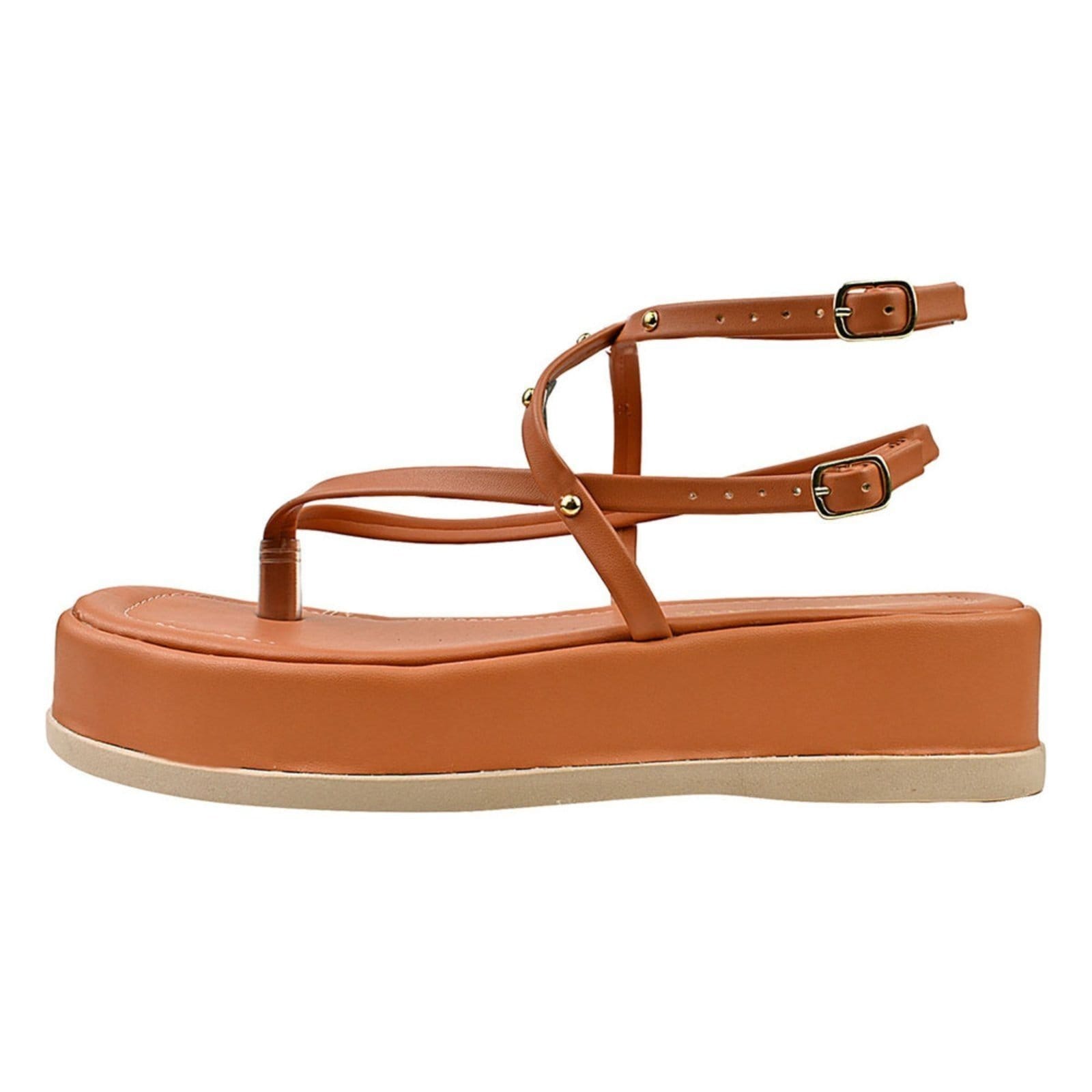 Vista 2 Sandalia Feminina Plataforma Donatella Shoes Confortável Chinelo de Dedo Rebite Tacha Fivela Monte Shoes caramelo