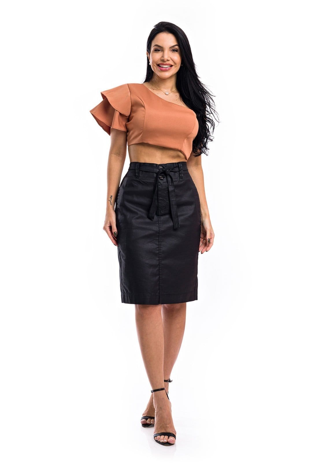 Vista 2 Saia Restrito Jeans Comprida Resinada com Elastano Restrito Jeans preto