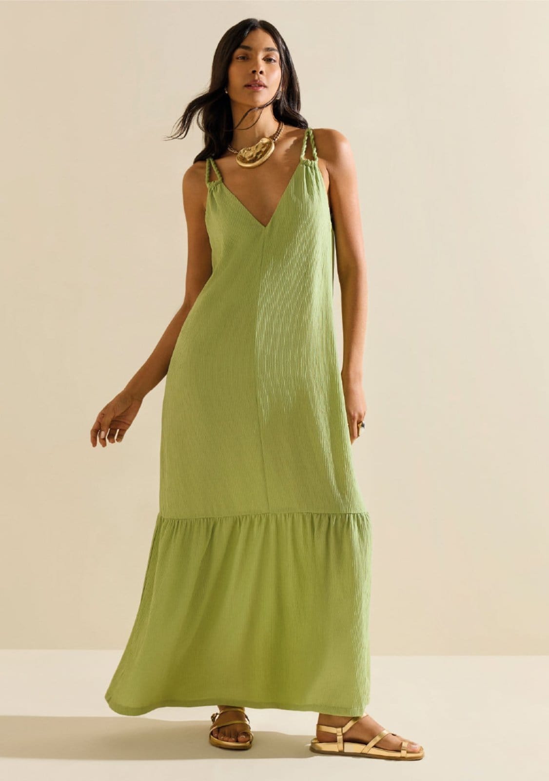 Vestido Morena Rosa Solto Decote V Com Alça Longo Verde