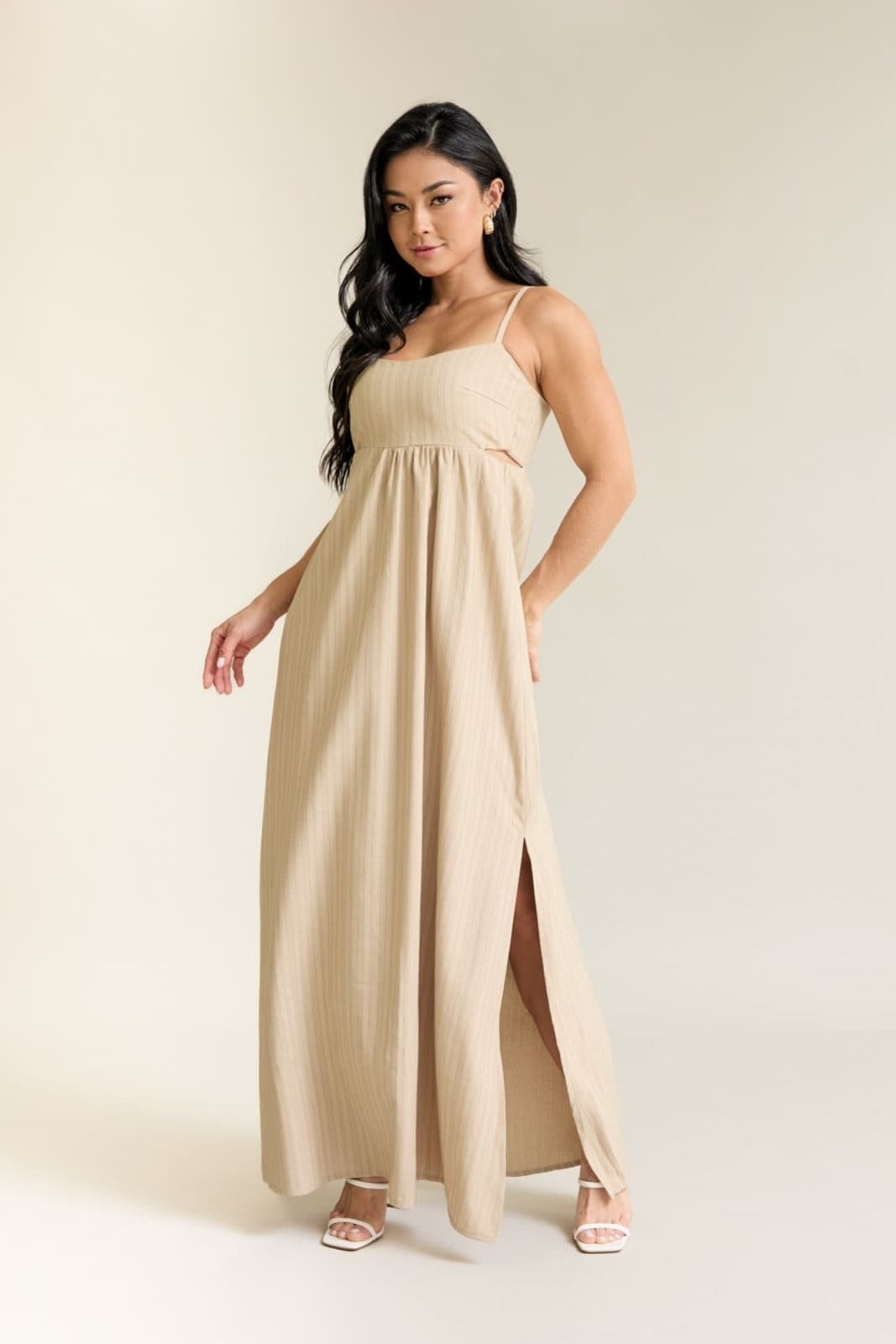 Vestido Em Viscose Feminino Texturizado Com Alças Dialogo Caqui