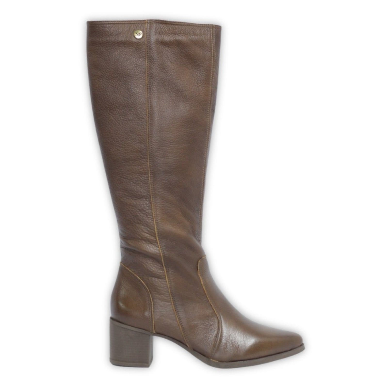 Bota Cano Longo Couro Salto 4 CM Bico Fino Camel