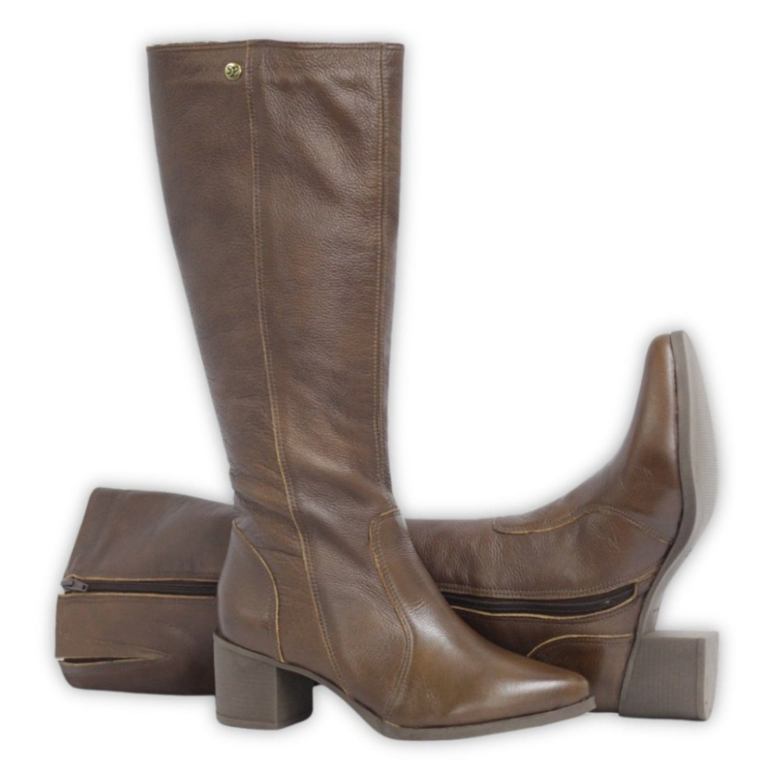 Vista 2 Bota Cano Longo Couro Salto 4 CM Bico Fino Camel Spinelli caramelo