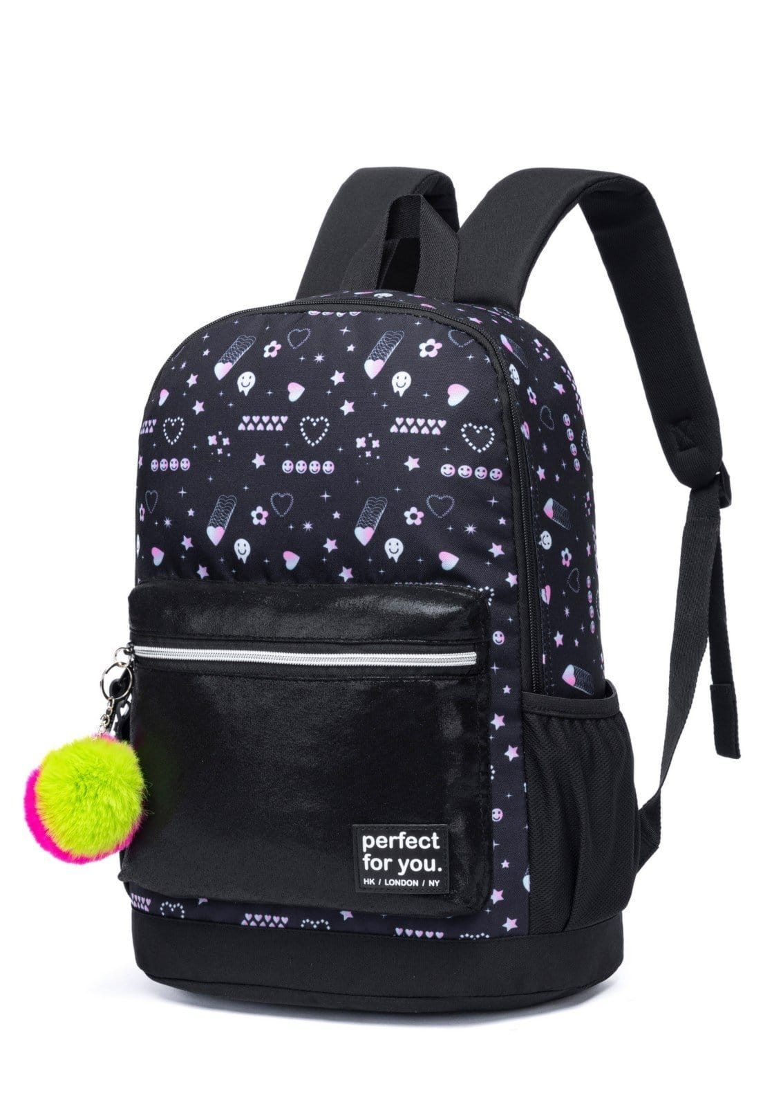 Vista 2 Mochila Feminina Chaveiro Escolar Resistente 17 Litros Espaçosa Perfect For You preto