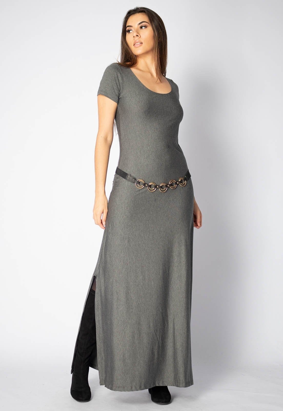 Vista principal Vestido Longo Amazonia Vital Malha Manga Curta Gola Canoa Mescla Amazonia Vital cinza