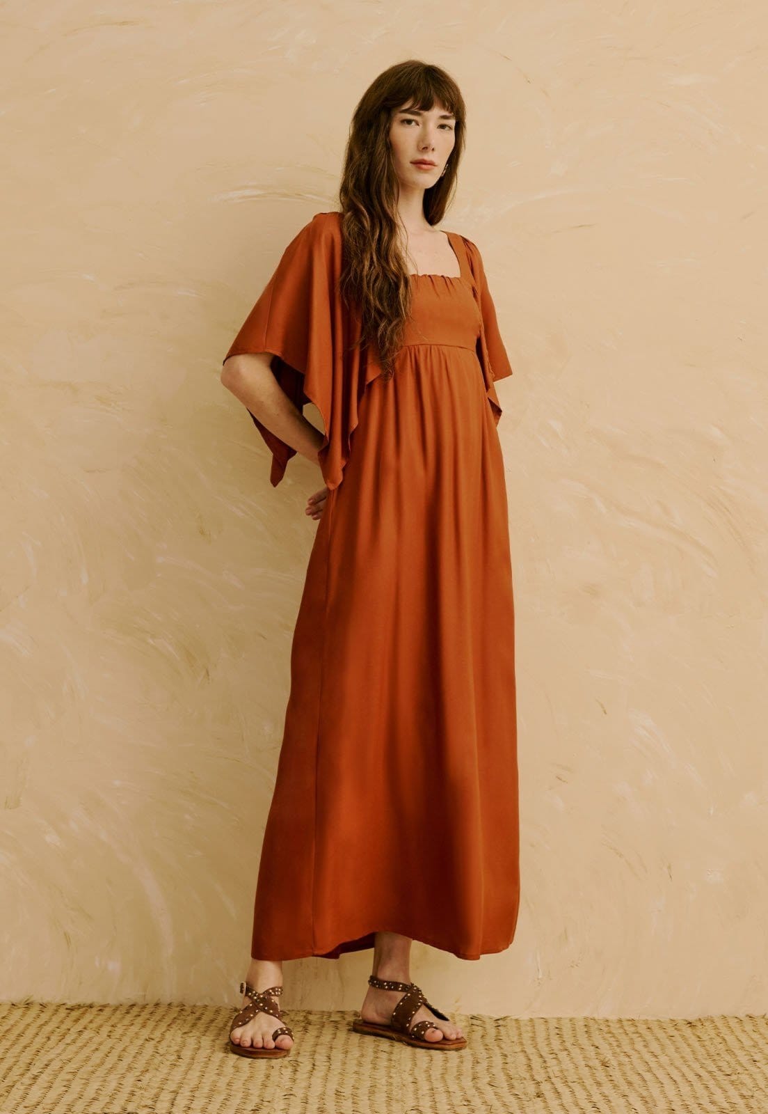 Vestido Maxi Midi Liso Manga com Pontas