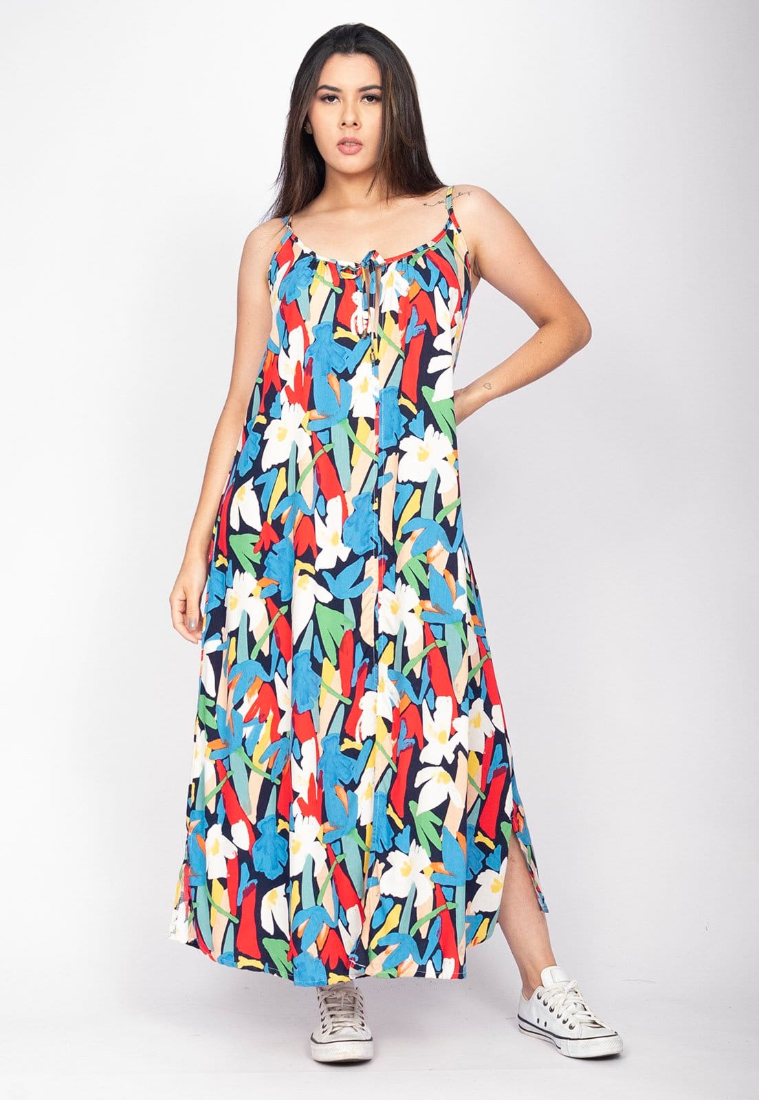 Vista 2 Vestido Longo Cabanafree Caçuá Viscose Alça Fina Estampa Floresce Cabanafree estampado/off-white/verde/vermelho