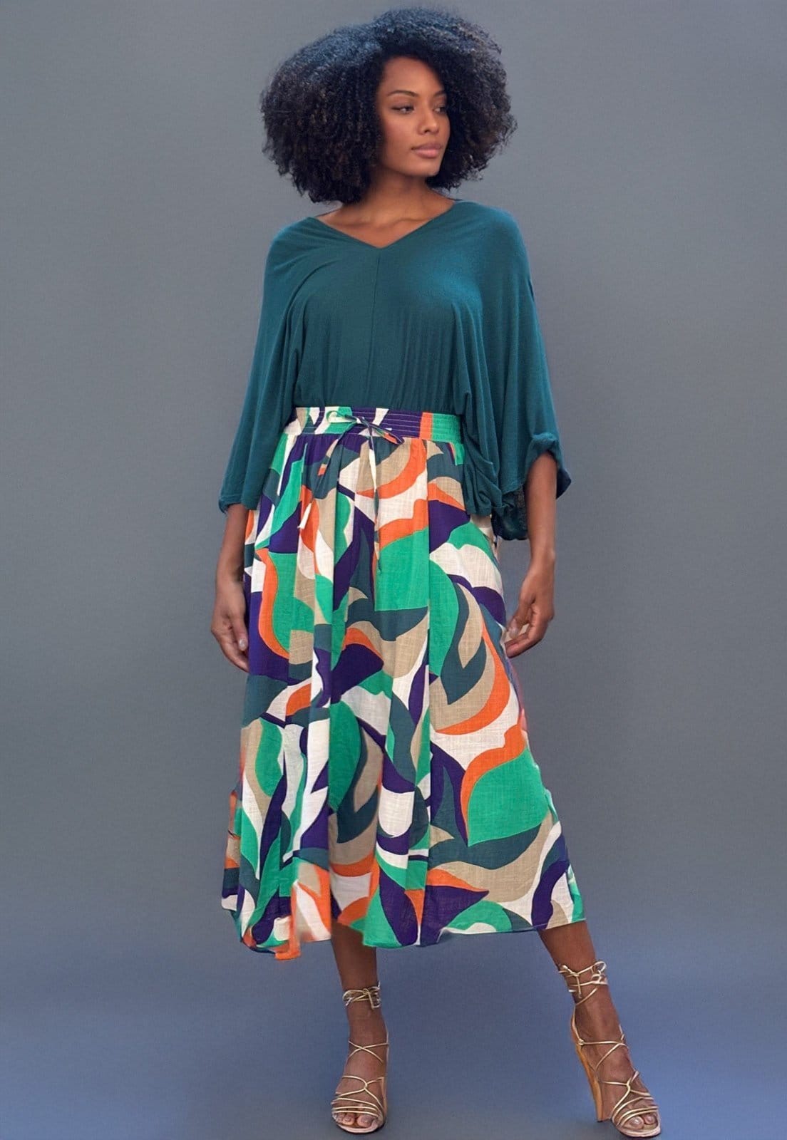 Vista 2 Saia Amazonia Vital Longa Viscose Estampa Brisa do Mar Amazonia Vital branco/estampado/laranja/verde