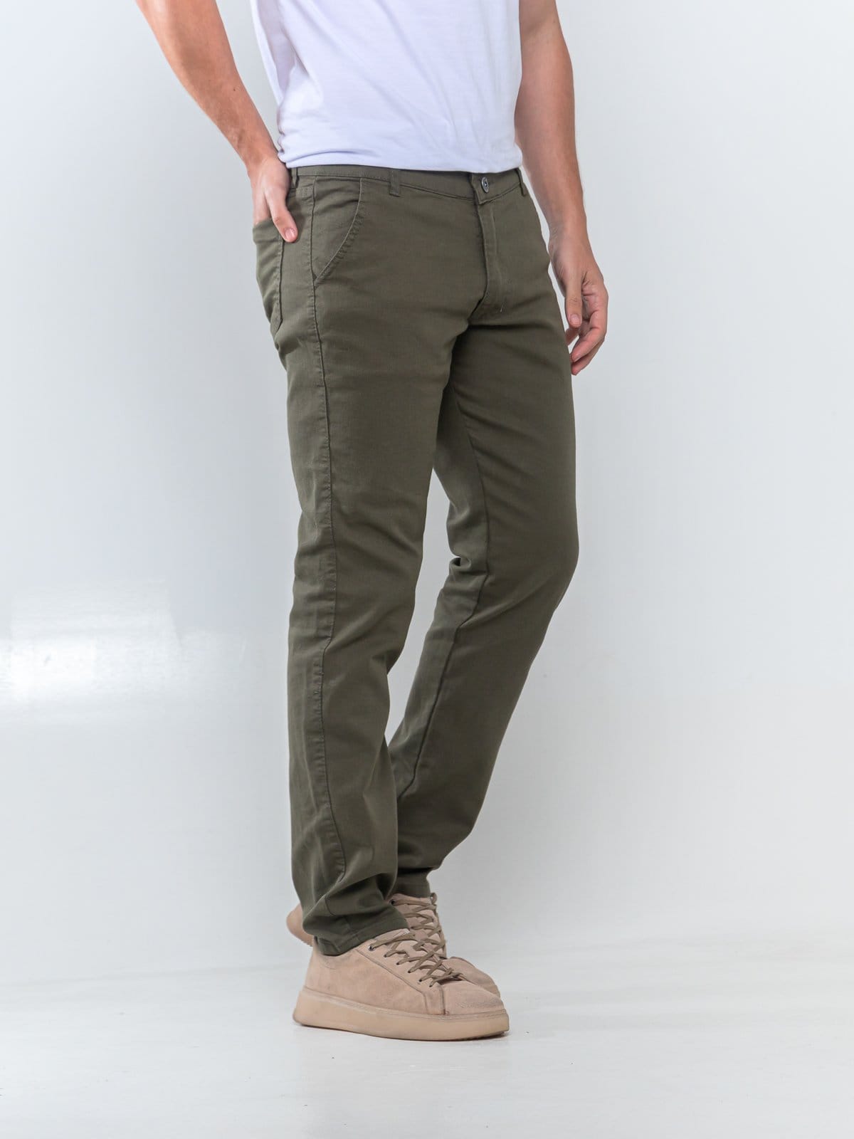 Vista 2 Calça Sarja Masculina Kovali Casual Premium Com Elastano Confortável Bolso-Faca Verde KOVALI FASHION STORE verde militar