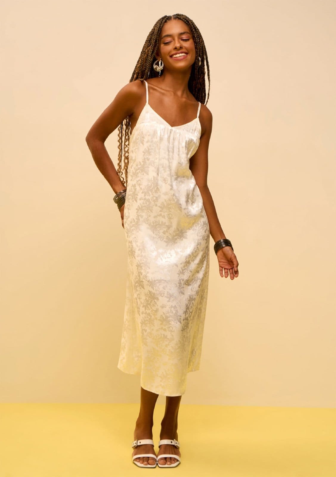 Vista principal Vestido Zinco Ajustado Decote V Com Alça Midi Off-white Zinco off-white white