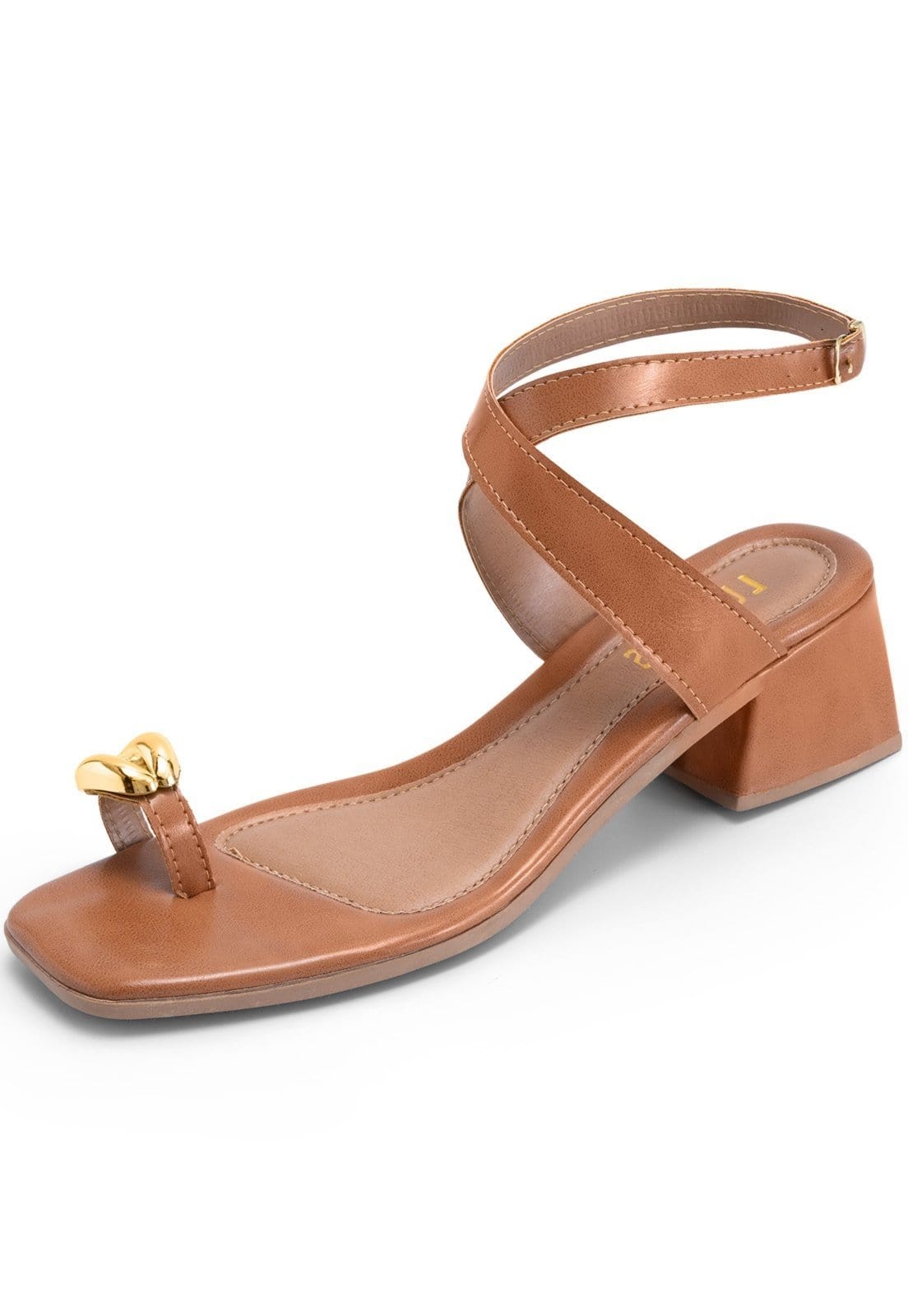 Sandália Feminina Lumiss Salto Baixo Bloco Bico Quadrado Enfeite Metalizado Confortável Cappuccino