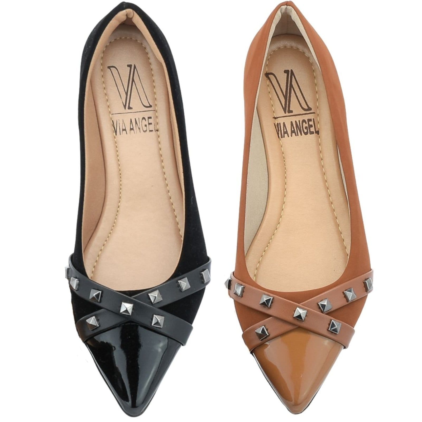 Kit 2 Pares Sapatilha Feminina Bico Fino Rasteira Verniz com Brilho Flat Confortável Via Angel 1604. e