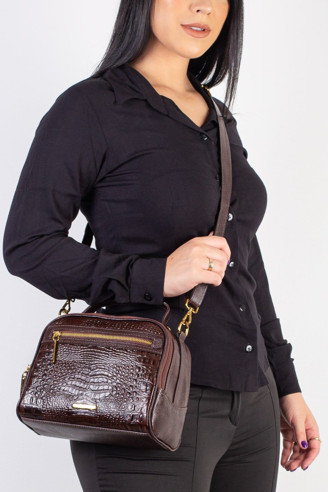 Vista 2 Bolsa Andrea Vinci Baú Pequena De Couro Croco Lara - Café Andrea Vinci azul