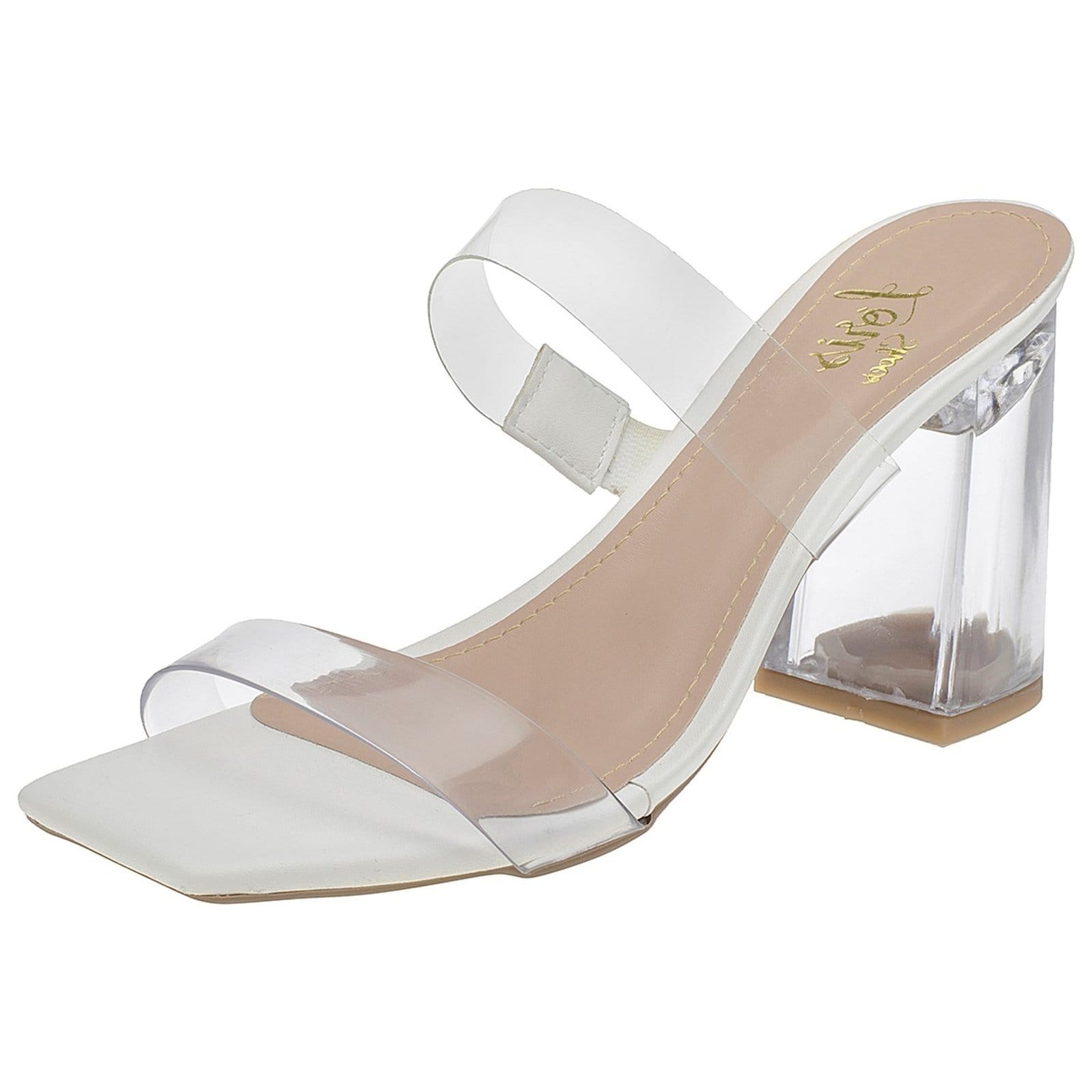 Tamanco Lóris Shoes Sandalia Feminina Vinil Transparente Salto Bloco Cristal Acrilico Moda Branca
