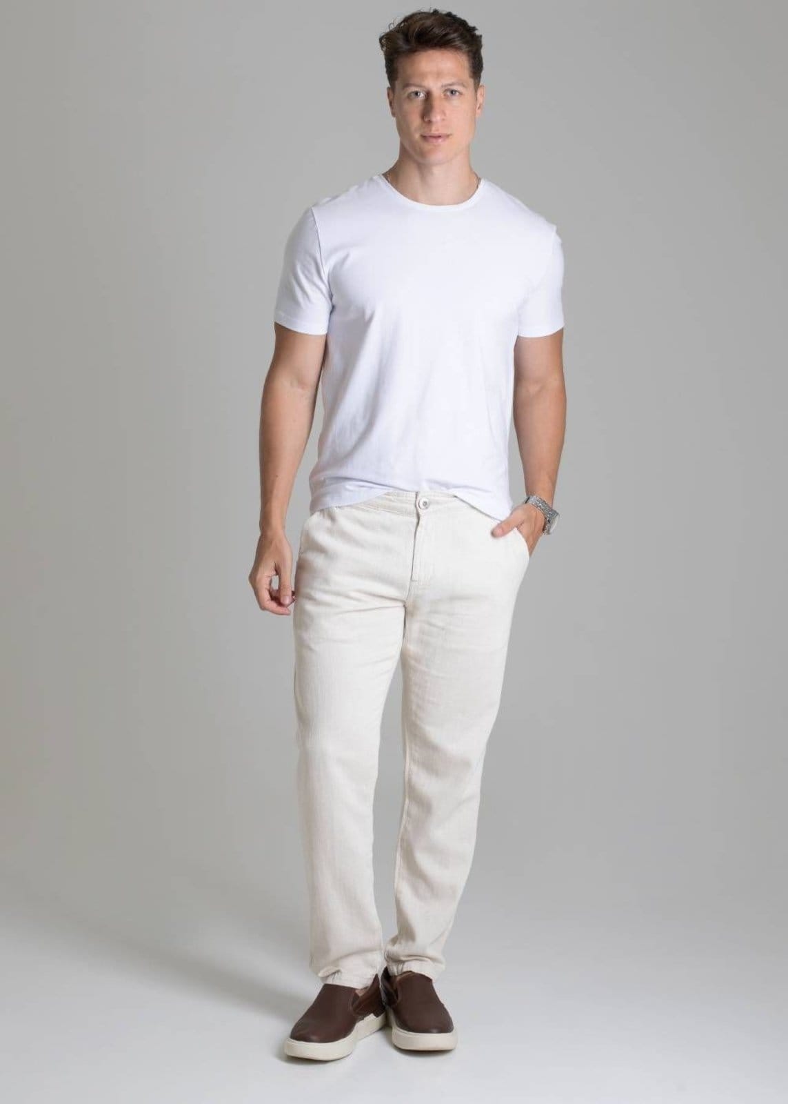 Vista 2 Calça Linho Sawary Slim - 278433 Sawary bege